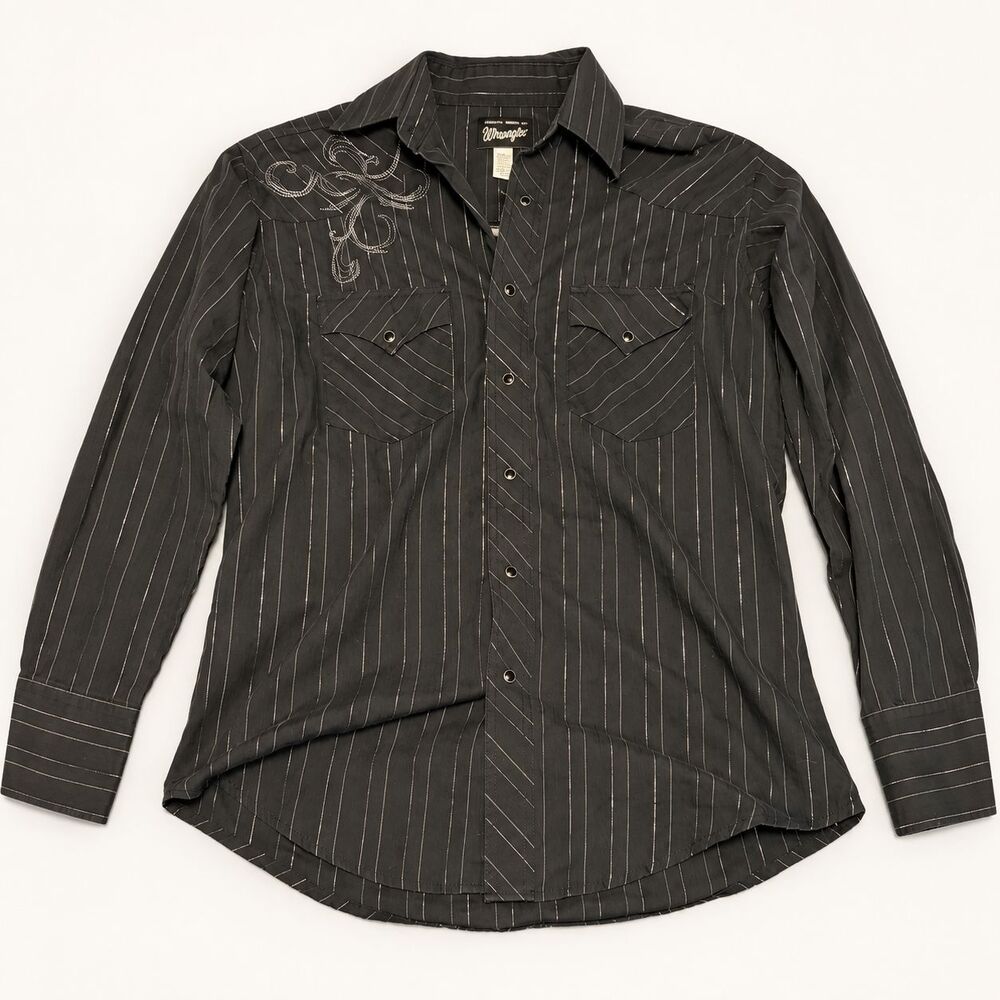 Wrangler Western Pearl Snap Shirt M Black Pinstripe Embroidered Long Sleeve